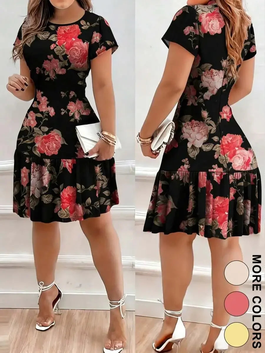 Pink Floral Print Ruffle Hem Short Dress For Women Spring Summer Elegant Casual Dress