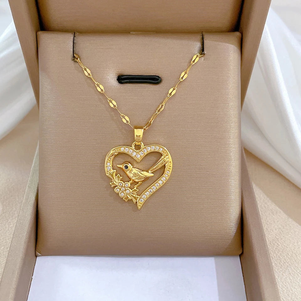 ZAKOL Classic Gold Color Stainless Steel Necklace For Women Shiny Zircon Geometric Heart Pendant Necklaces Jewelry Gift
