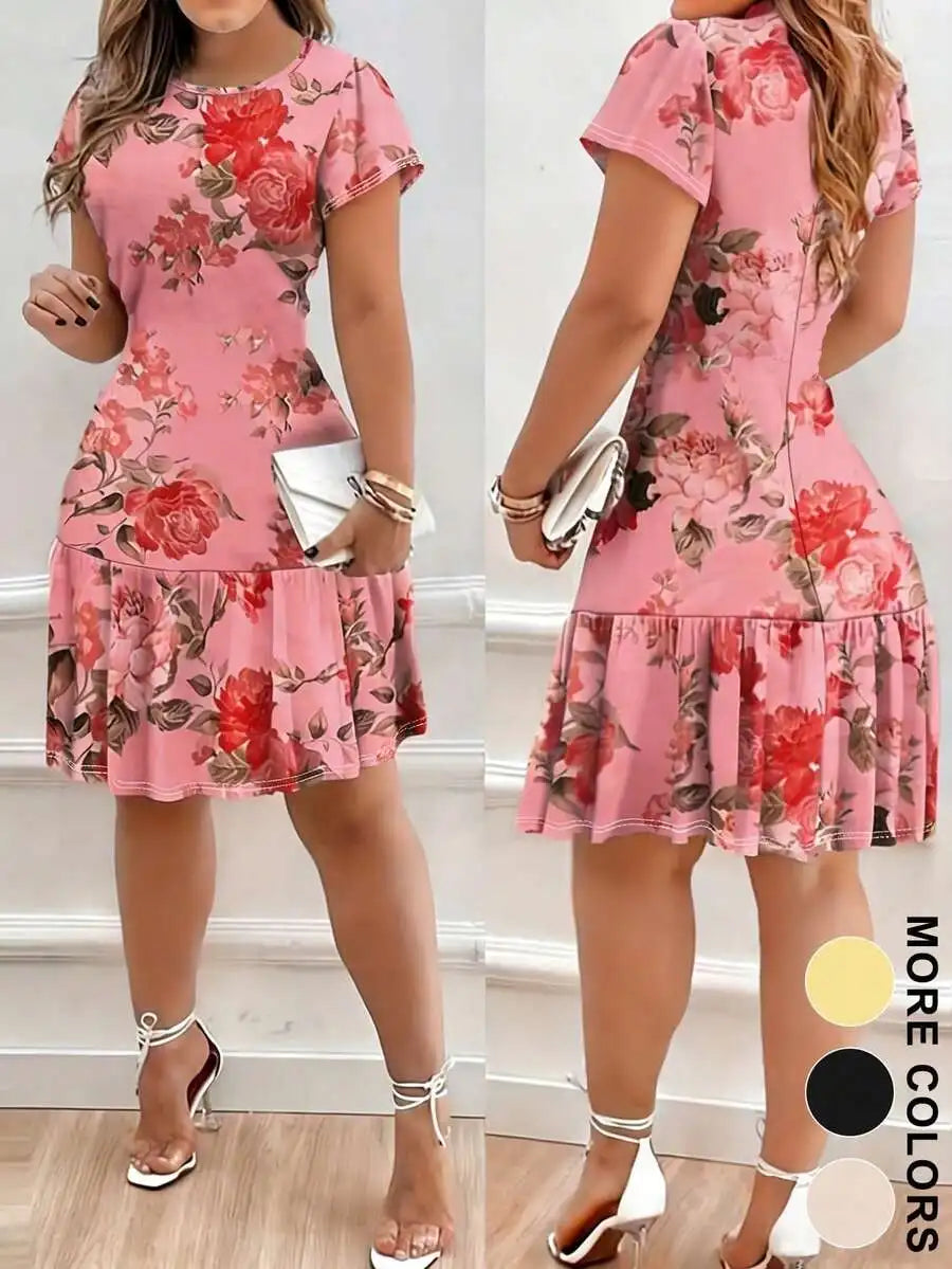 Pink Floral Print Ruffle Hem Short Dress For Women Spring Summer Elegant Casual Dress