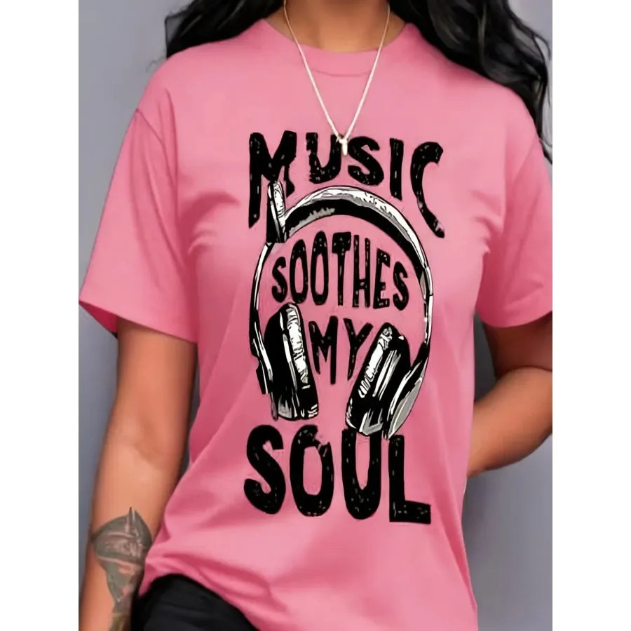 【New Arrival】Women "Music Soothes My Soul" Headphones Graphic T-Shirt Music Lover Casual Short Sleeve Crew Neck Tee