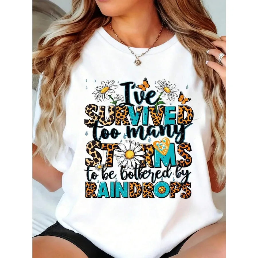 【New Arrival】I've Survived Too Many Storms To Be Bothered By Raindrops Leopard Print & Floral Graphic White Casual T-Shirt