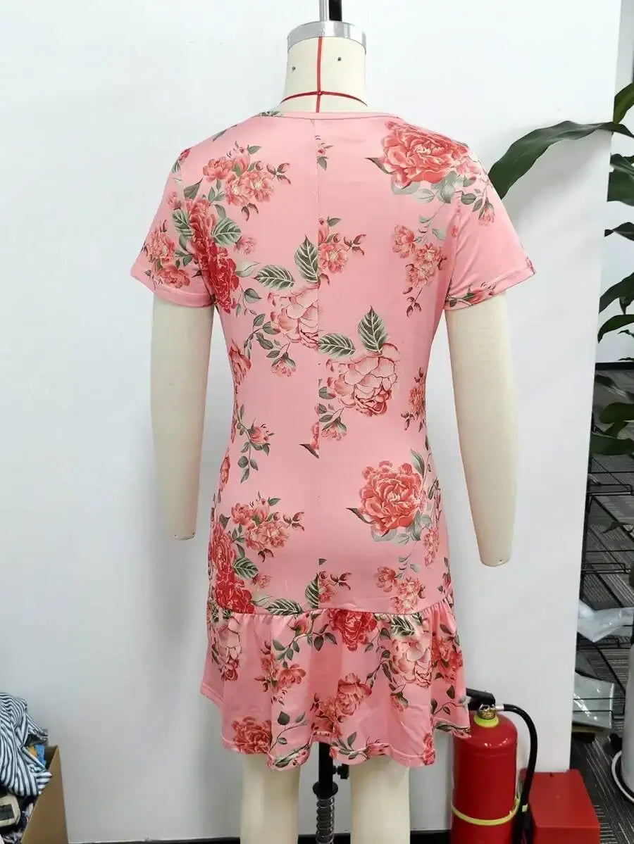 Pink Floral Print Ruffle Hem Short Dress For Women Spring Summer Elegant Casual Dress