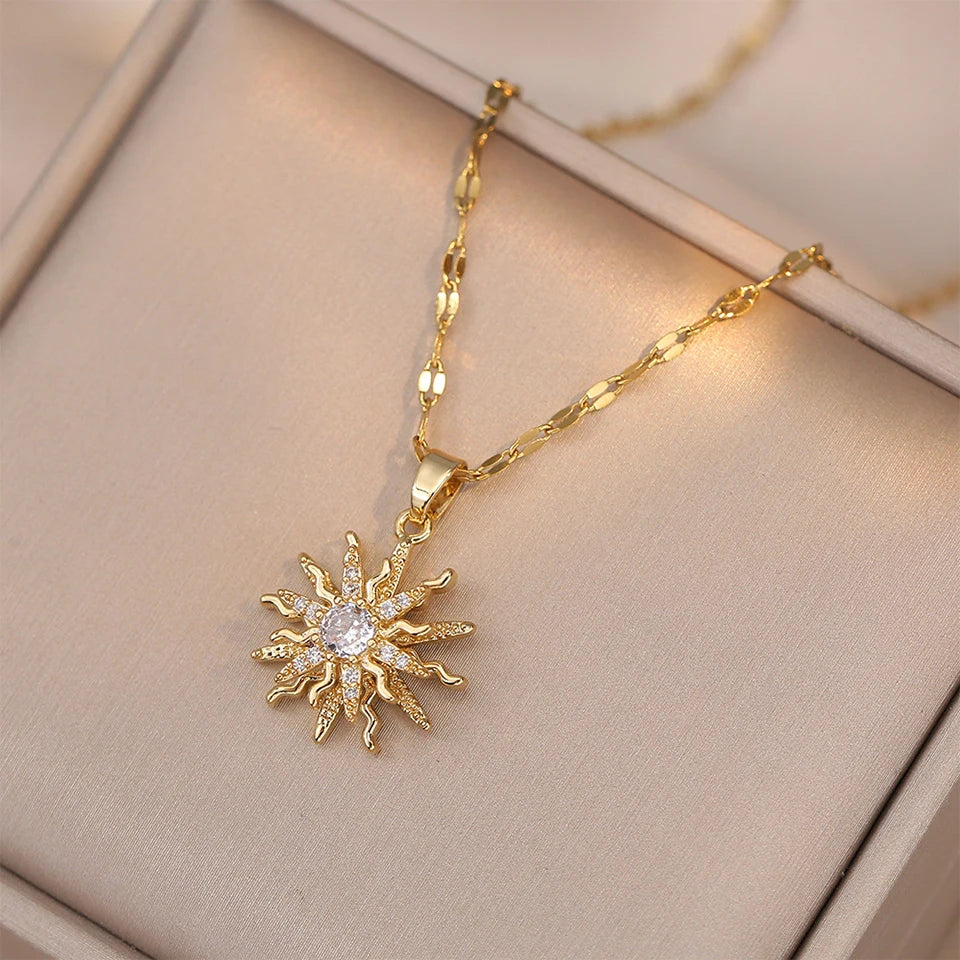 ZAKOL Classic Gold Color Stainless Steel Necklace For Women Shiny Zircon Geometric Heart Pendant Necklaces Jewelry Gift