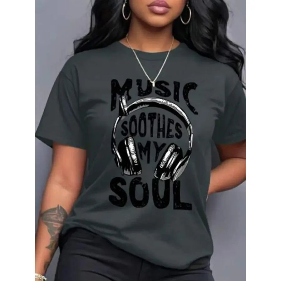 【New Arrival】Women "Music Soothes My Soul" Headphones Graphic T-Shirt Music Lover Casual Short Sleeve Crew Neck Tee