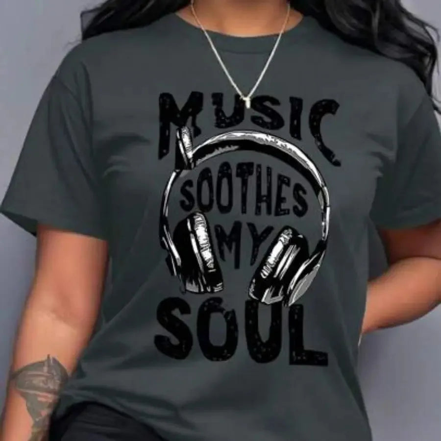 【New Arrival】Women "Music Soothes My Soul" Headphones Graphic T-Shirt Music Lover Casual Short Sleeve Crew Neck Tee