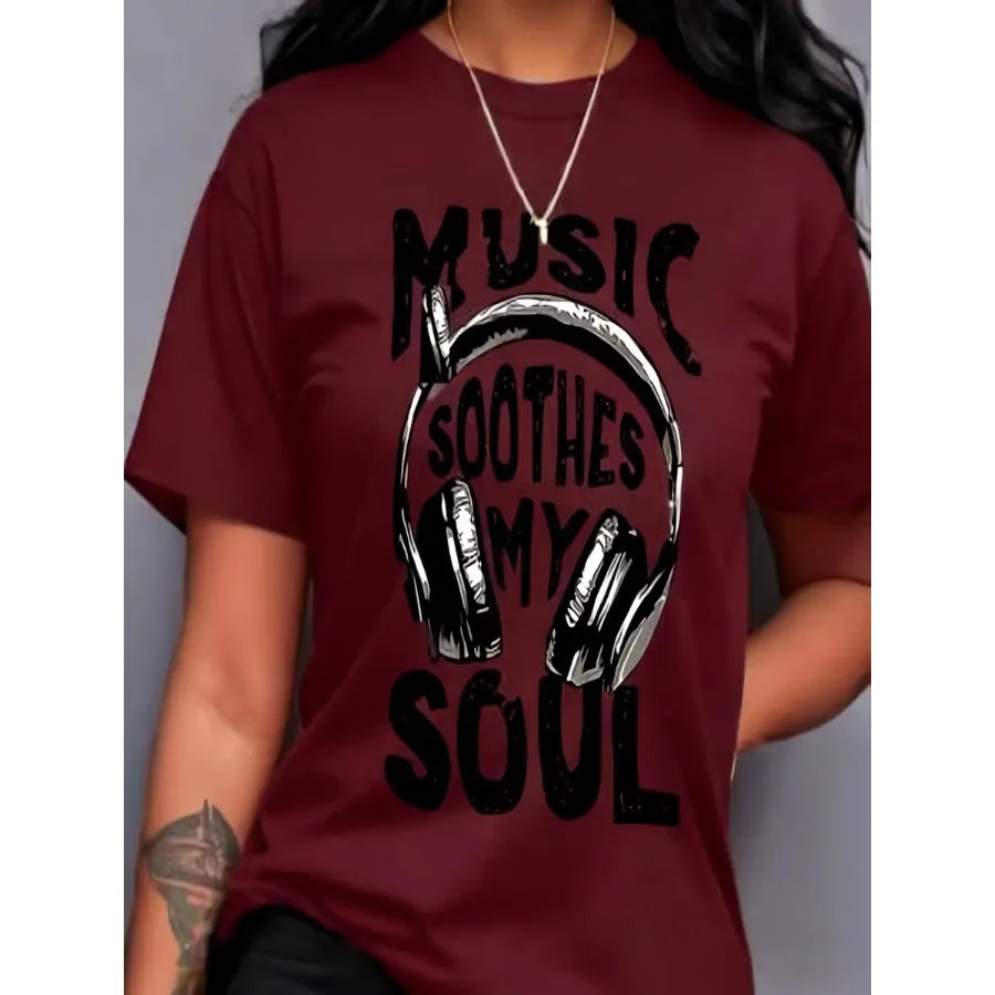 【New Arrival】Women "Music Soothes My Soul" Headphones Graphic T-Shirt Music Lover Casual Short Sleeve Crew Neck Tee