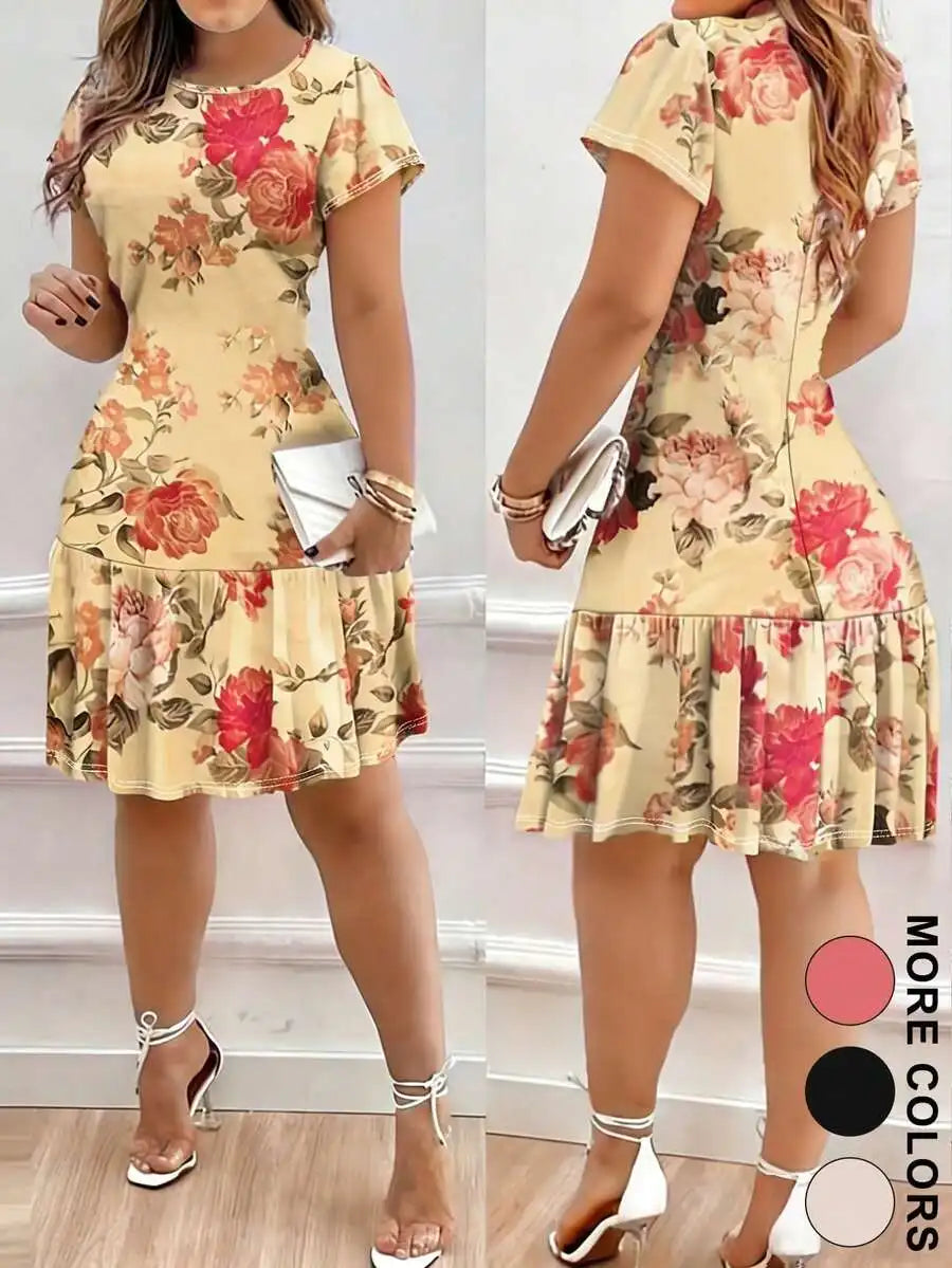 Pink Floral Print Ruffle Hem Short Dress For Women Spring Summer Elegant Casual Dress