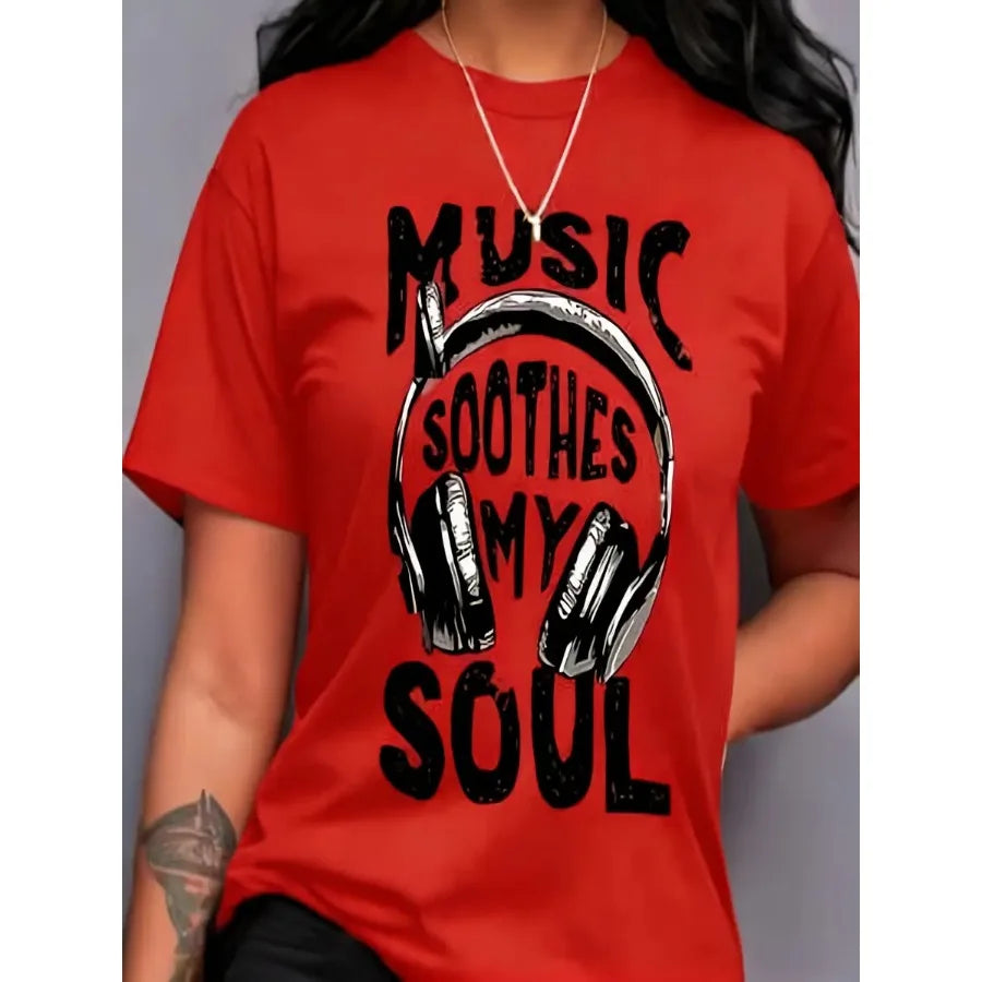 【New Arrival】Women "Music Soothes My Soul" Headphones Graphic T-Shirt Music Lover Casual Short Sleeve Crew Neck Tee
