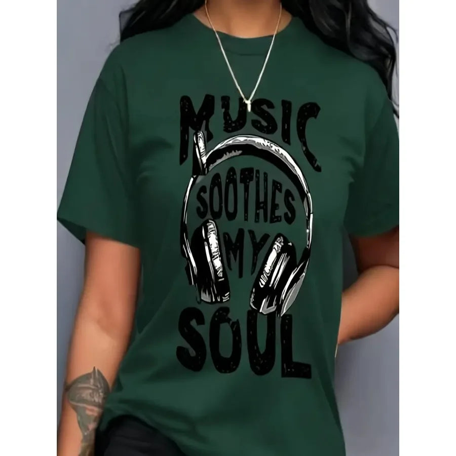 【New Arrival】Women "Music Soothes My Soul" Headphones Graphic T-Shirt Music Lover Casual Short Sleeve Crew Neck Tee