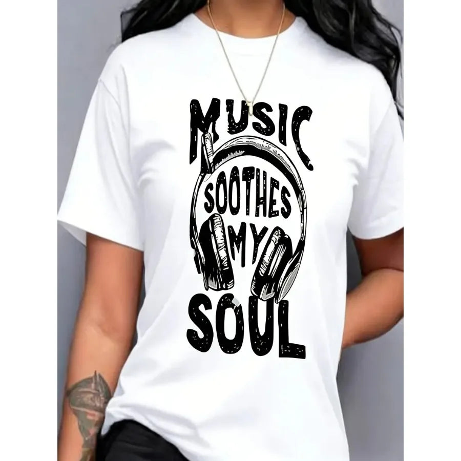 【New Arrival】Women "Music Soothes My Soul" Headphones Graphic T-Shirt Music Lover Casual Short Sleeve Crew Neck Tee