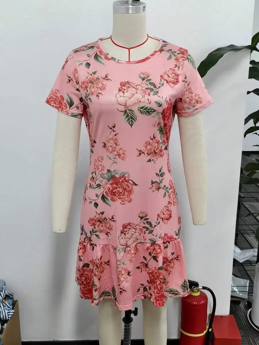 Pink Floral Print Ruffle Hem Short Dress For Women Spring Summer Elegant Casual Dress