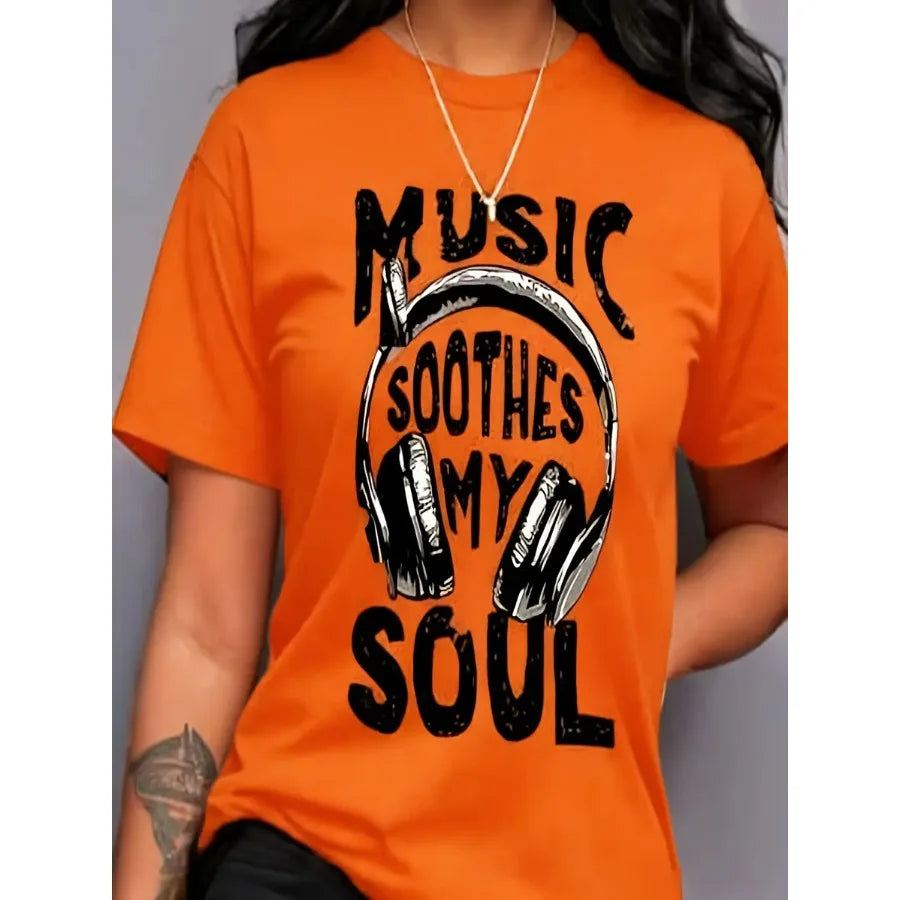 【New Arrival】Women "Music Soothes My Soul" Headphones Graphic T-Shirt Music Lover Casual Short Sleeve Crew Neck Tee